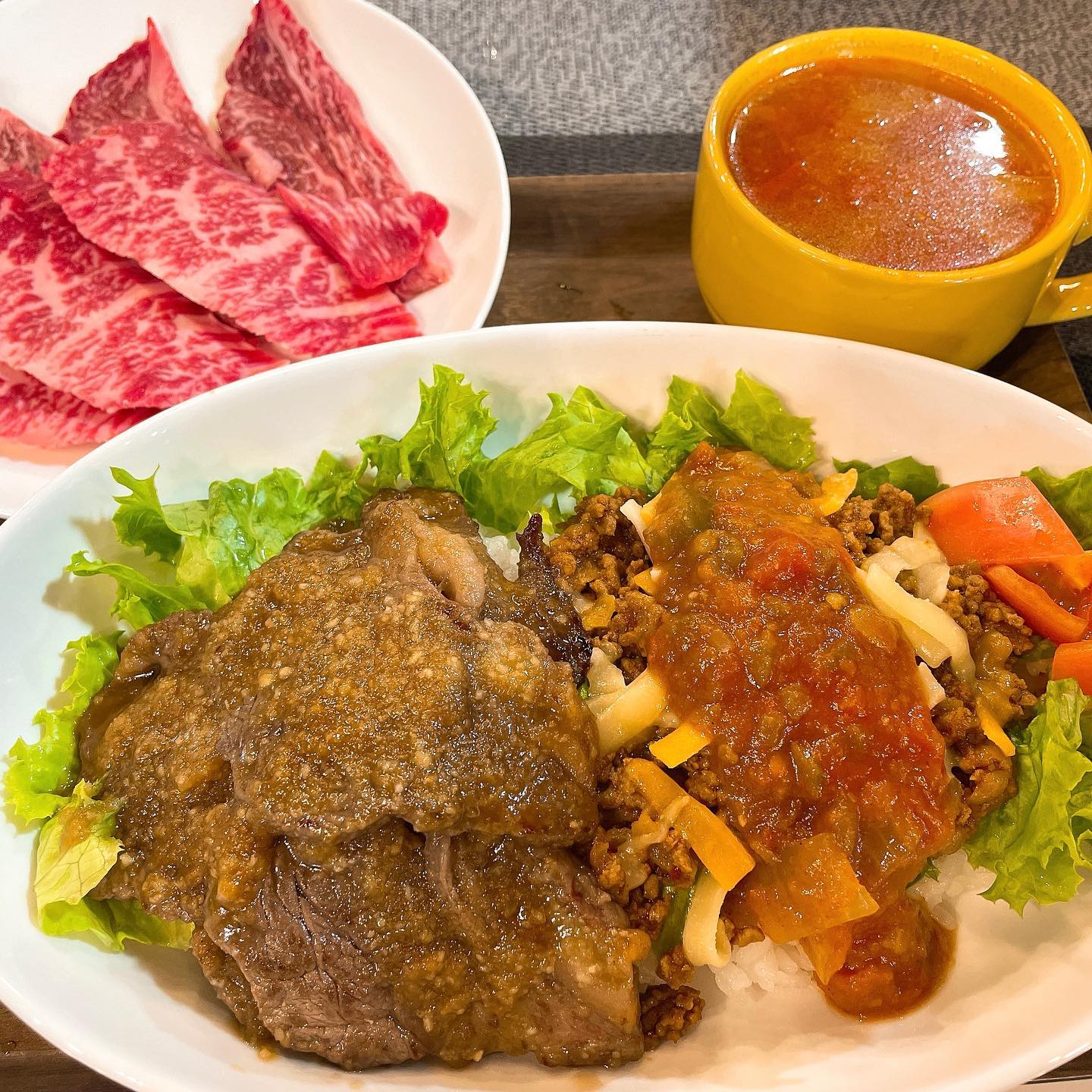 ・
・
本日のおすすめは

『国産和牛ステーキ🥩＆タコライス』

美味しい和牛とタコライスは相性抜群です♡

※数量限定です
