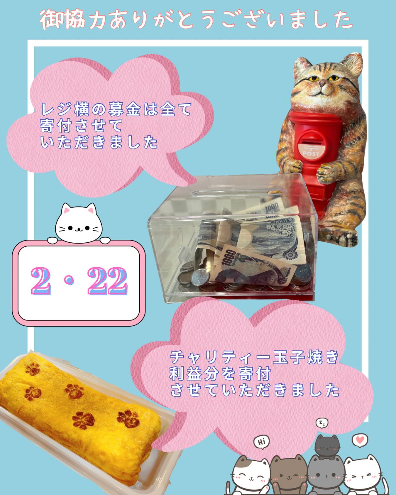 レジ横にある募金箱に募金してくださった皆様、チャリティーたまご焼きをお買い上げくださった皆様ありがとうございました‍♀️

募金箱¥13,526
たまご焼き¥4,600
合計¥18,126
@nekoaigo.sano 
保護猫活動団体『ねこあいごSANO』様へ寄付させていただきました。

御協力ありがとうございました♡