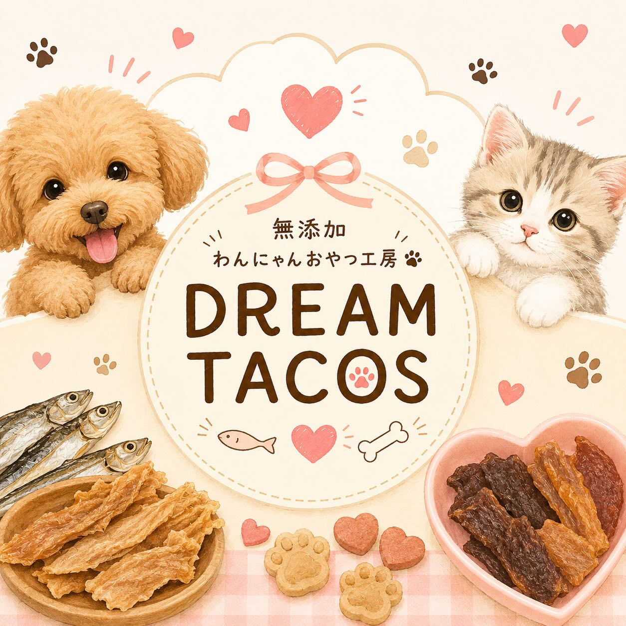 ・

＼ わんちゃん︎ねこちゃんのおやつ販売
スタートしました ／

少し前からDREAM TACOS店頭でも
たまに販売していた無添加おやつ

ありがたいことに「また買いたい♡」
「うちの子がすごく喜んだ♡」というお声をいただくことが増え、この度
「無添加わんにゃんおやつ工房 DREAM TACOS」
として本格的にスタートすることになりました！！

無添加・素材そのまま。

大切な家族に、体に良いものを食べて
元気に健康でいてほしい！！

そんな思いを込めて
ひとつひとつ手作りしています♡

毎日のおやつとして続けやすいよう、
お求めやすい価格で販売しています

新作おやつや販売情報、
かわいいわんにゃん達も載せていくので
ぜひフォローしていただけたら嬉しいです️

@dreamtacos_oyatu