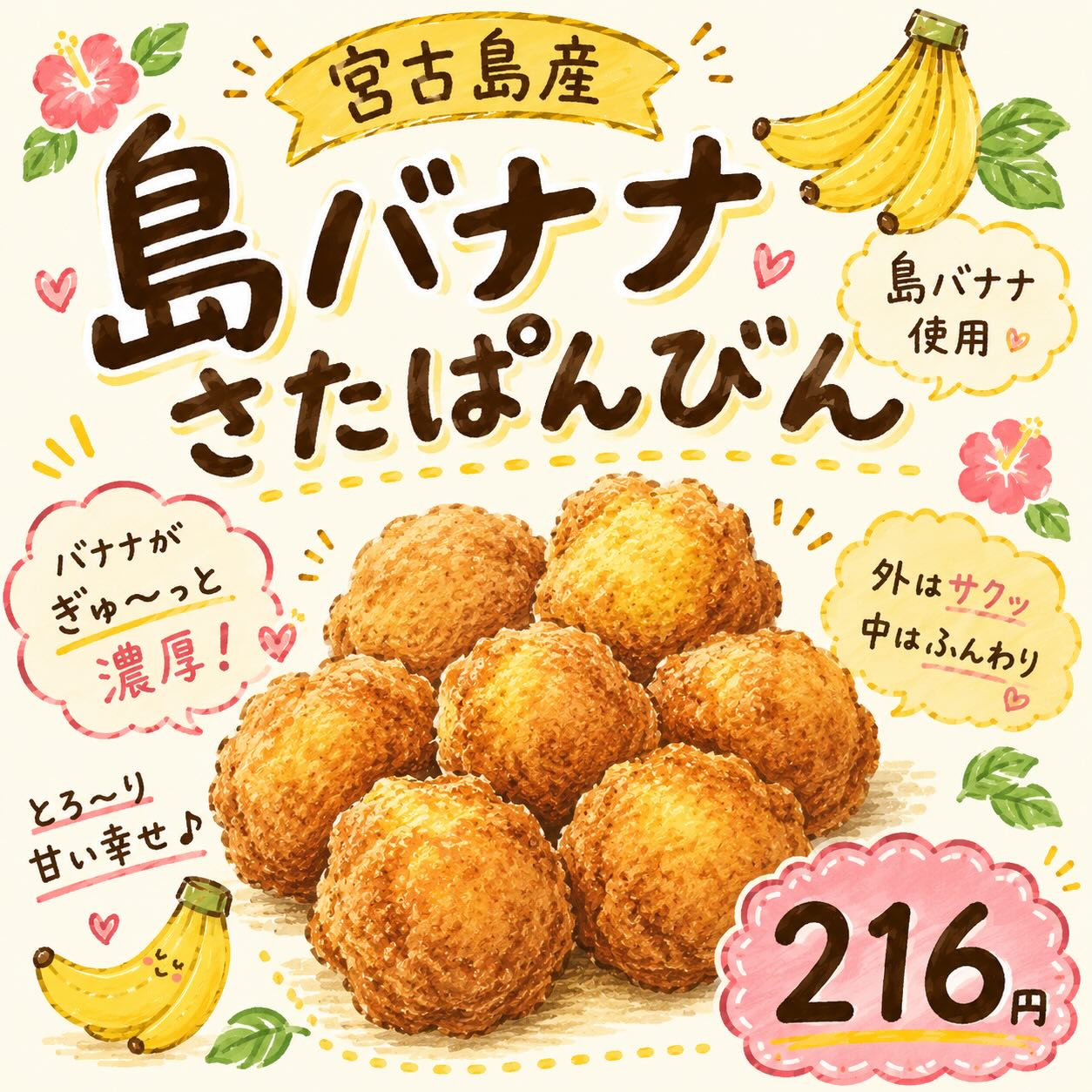 ・
・
宮古島で購入してきた島バナナとアップルバナナ

甘みがぎゅっと詰まった島バナナを使って
『島バナナさたぱんびん』を作りました

外はサクッ♪
中はふんわり♪

島バナナならではの濃厚な甘さが楽しめます

数量限定です

宮古島産 島バナナさたぱんびん
1個　216円（税込）

ご来店お待ちしております